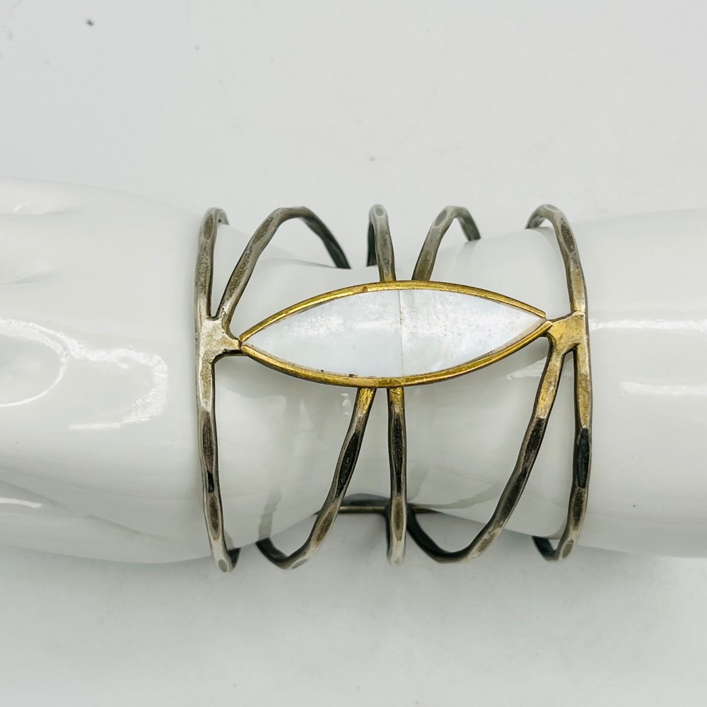 Artisan Mixed Metal Cuff Bracelet Mother of Pearl Marquise Inlay Hammered Silver